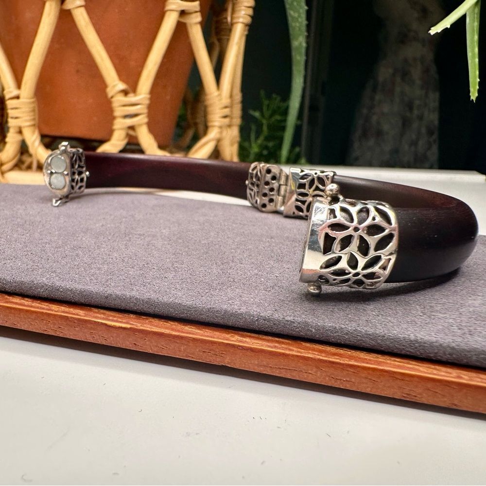 Vintage Sterling Silver & Wood Bangle Bracelet Artisan 925 Hinged Floral Clasp - Picture 5 of 12